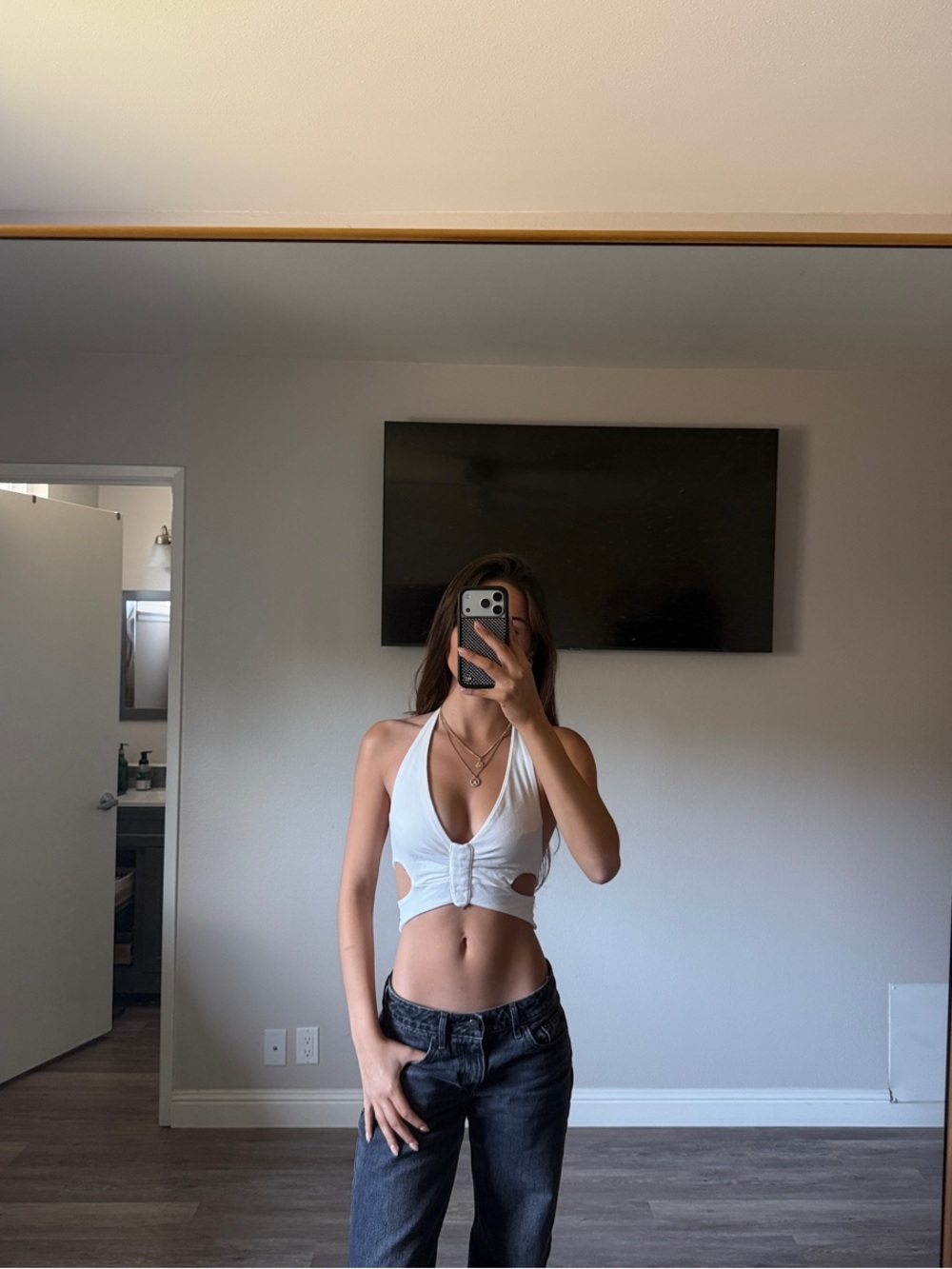White Halter Butterfly design Cutout Crop Top